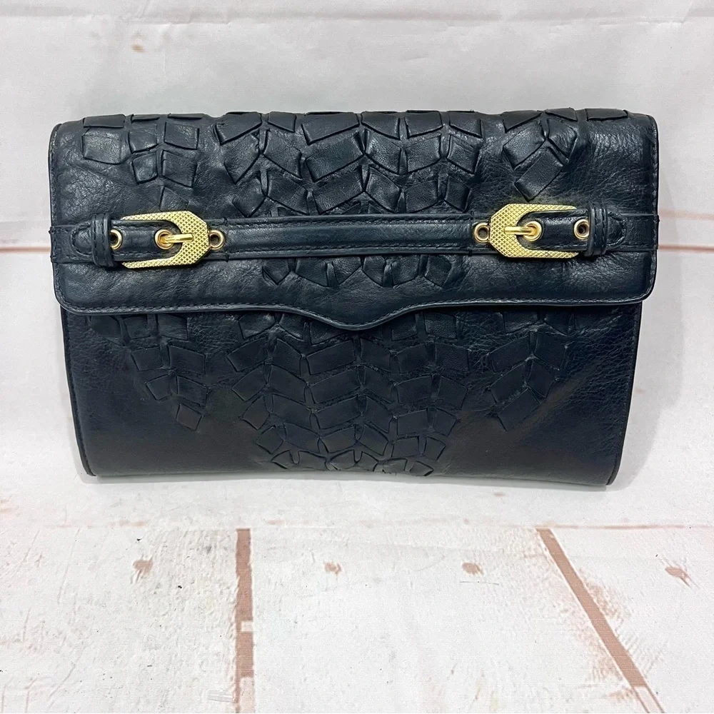 Rebecca Minkoff Weaved Leather Gold Buckle Envelope Clutch Purse